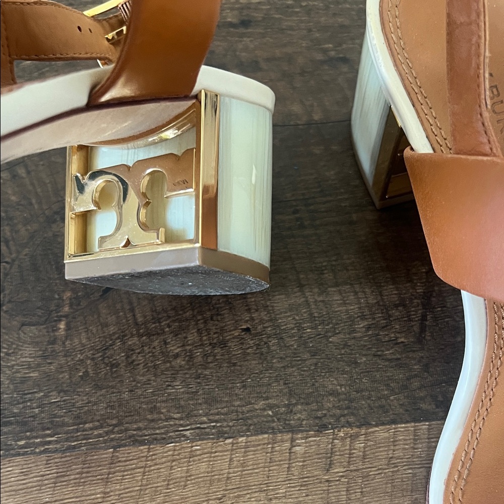 Tory Burch Tan Leather & Coral Suede Block Heel Sandals - Picture 2 of 6